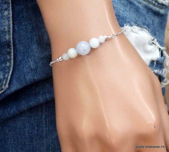 N5909a Bracelet chaine argent 925 massif aiguemarine -Bijoux Bracelets en ligne NINANINA
