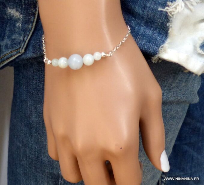 N5909c Bracelet chaine argent 925 massif aiguemarine -Bijoux Bracelets en ligne NINANINA