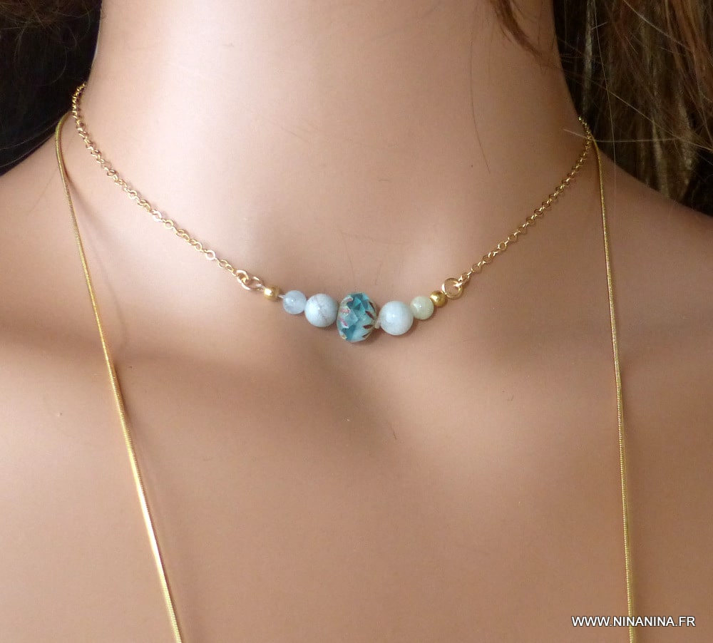 Collier en acier inoxydable en pierre naturelle Aigue marine – Les