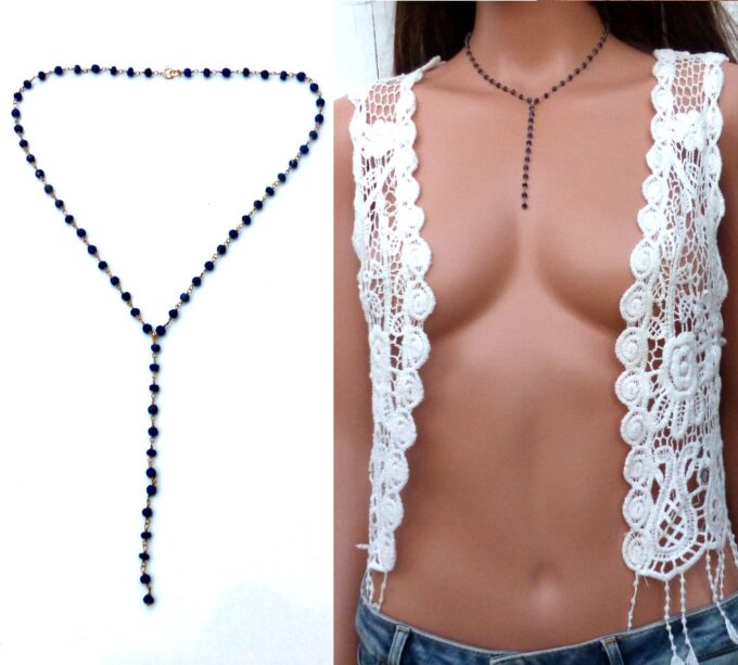 N5916 collier lasso perles lapis lazuli naturelle plaqué or - Bijoux Colliers en ligne NINANINA