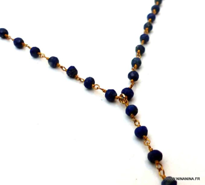 N5916c collier lasso perles lapis lazuli naturelle plaqué or - Bijoux Colliers en ligne NINANINA