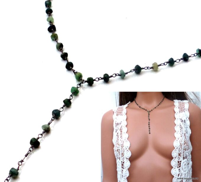 N5920a collier lasso perles émeraude naturelle métal noir - Bijoux Colliers en ligne NINANINA