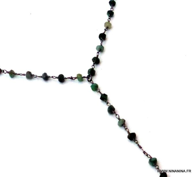 N5920c collier lasso perles émeraude naturelle métal noir - Bijoux Colliers en ligne NINANINA