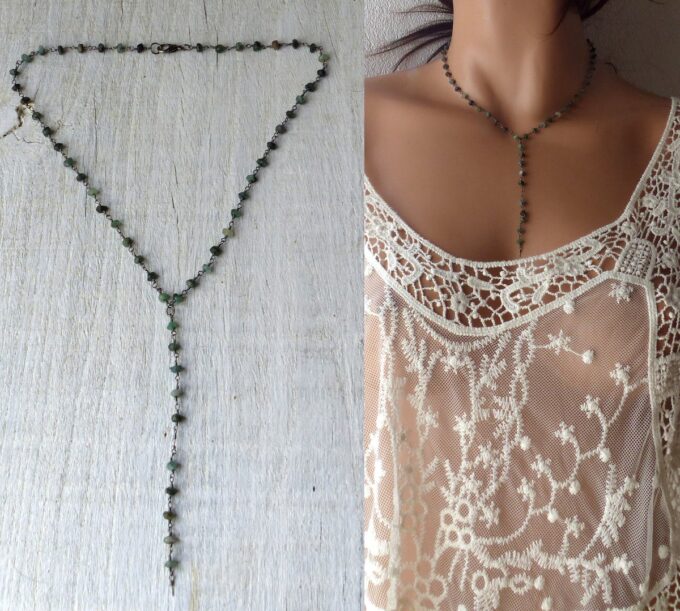 N5920c Collier pierres précieuses émeraude naturelle brutes et métal noir - Bijoux Colliers en ligne Ninanina