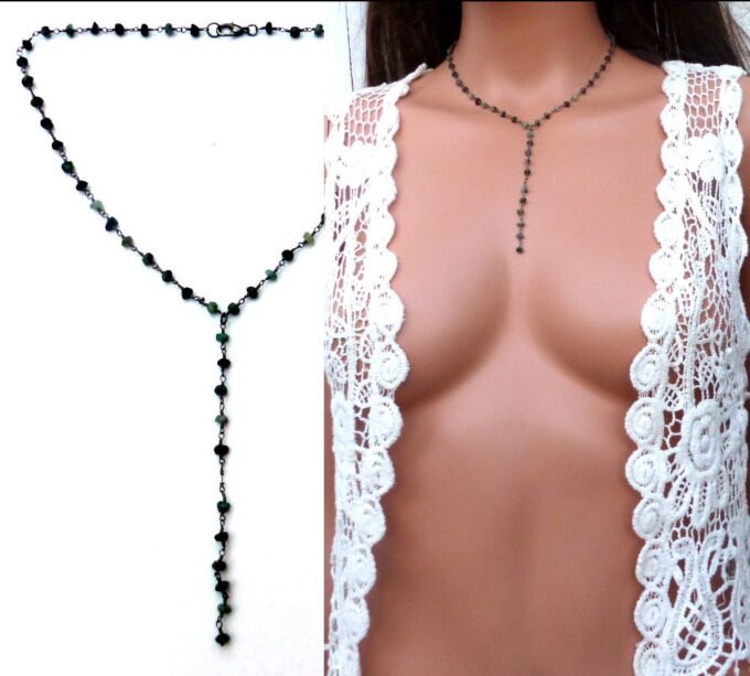 N5920d collier lasso perles émeraude naturelle métal noir - Bijoux Colliers en ligne NINANINA