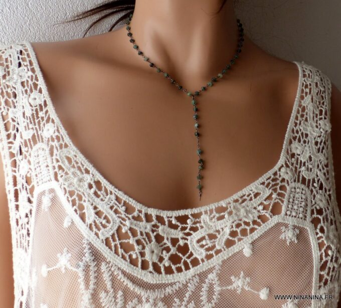N5920d Collier pierres précieuses émeraude naturelle brutes et métal noir - Bijoux Colliers en ligne Ninanina
