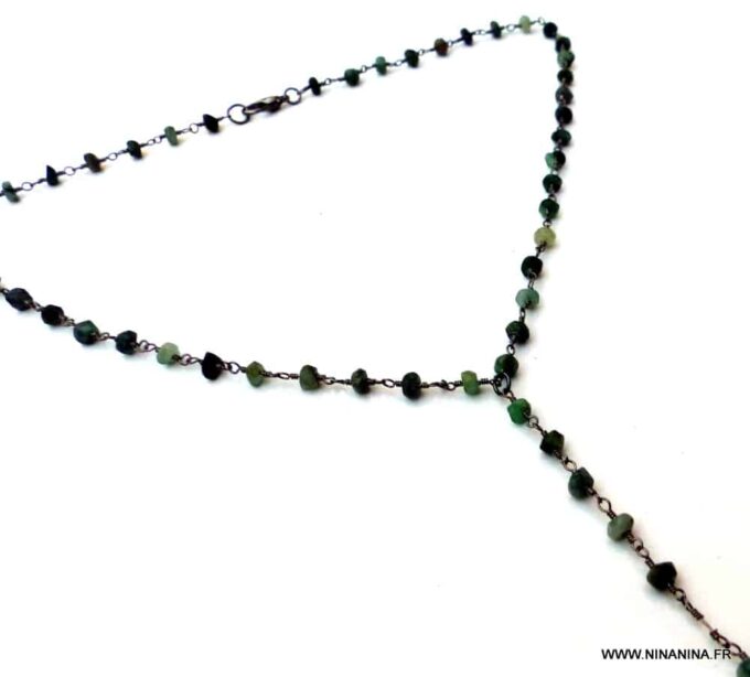 N5920e collier lasso perles émeraude naturelle métal noir - Bijoux Colliers en ligne NINANINA
