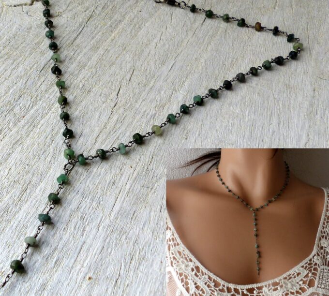 N5920e Collier pierres précieuses émeraude naturelle brutes et métal noir - Bijoux Colliers en ligne Ninanina
