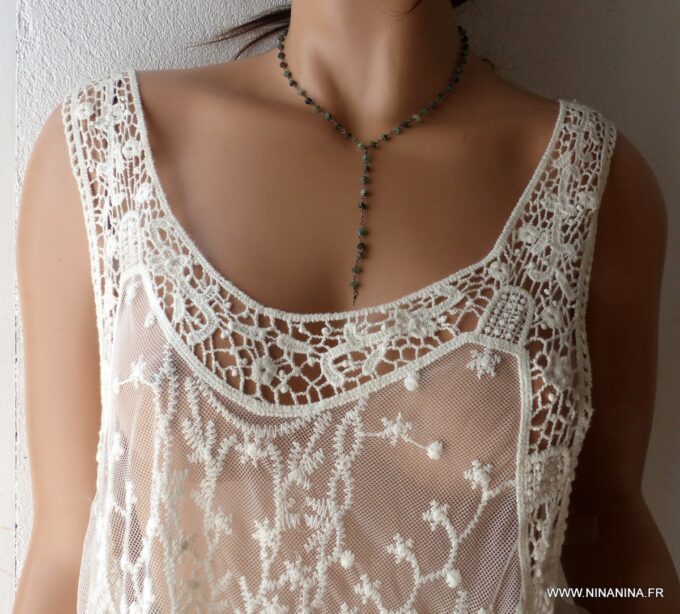 N5920f Collier pierres précieuses émeraude naturelle brutes et métal noir - Bijoux Colliers en ligne Ninanina