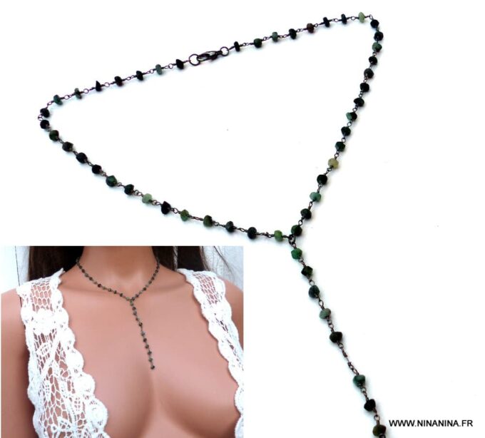 N5920g collier lasso perles émeraude naturelle métal noir - Bijoux Colliers en ligne NINANINA