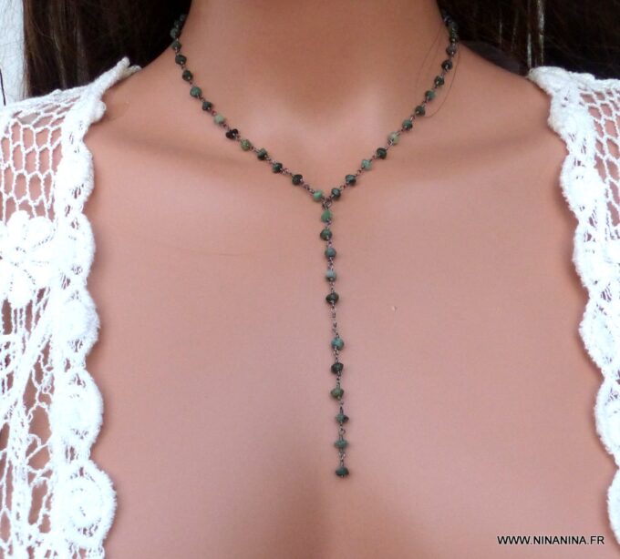 N5920i collier lasso perles émeraude naturelle métal noir - Bijoux Colliers en ligne NINANINA