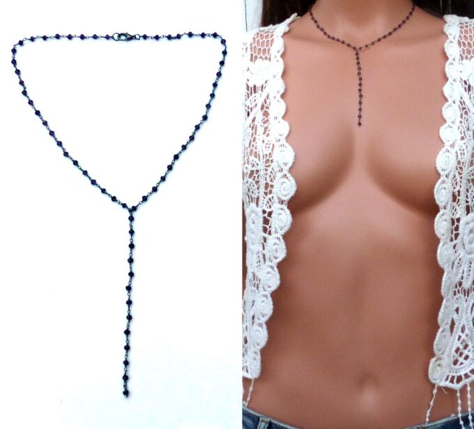 N5921 collier lasso perles amethyste naturelle métal noir - Bijoux Colliers en ligne NINANINA