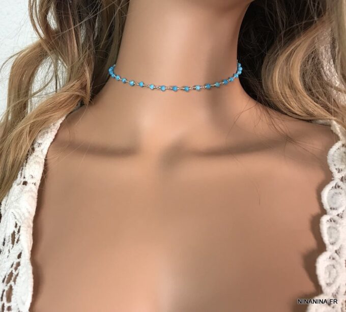 N5923c Collier turquoises naturelles pierres bleues femme - Bijoux Colliers en ligne Ninanina