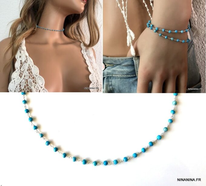 N5923d Collier turquoises naturelles pierres bleues femme - Bijoux Colliers en ligne Ninanina