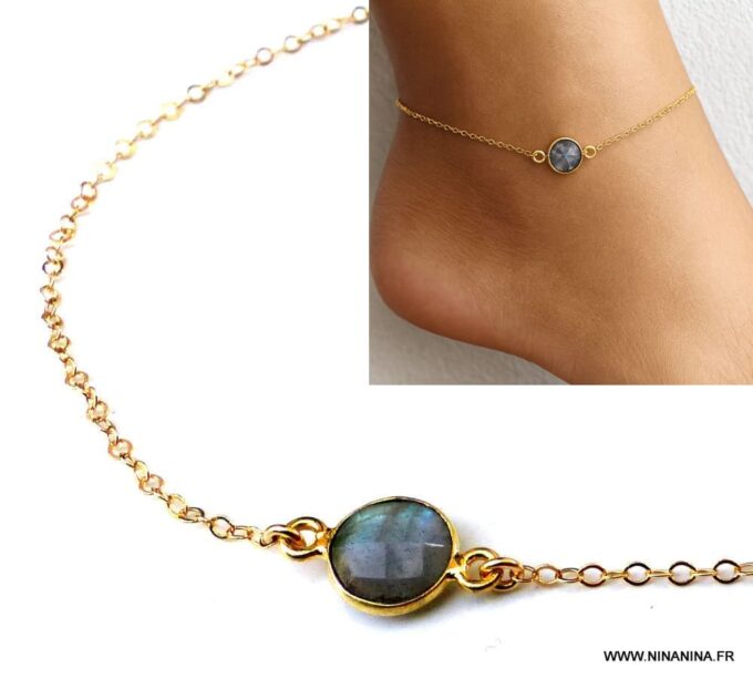 N5924c Bijou Labradorite Grise pour les chevilles - Chaîne de cheville Plaqué Or - Bijoux de pieds dorés en ligne Ninanina