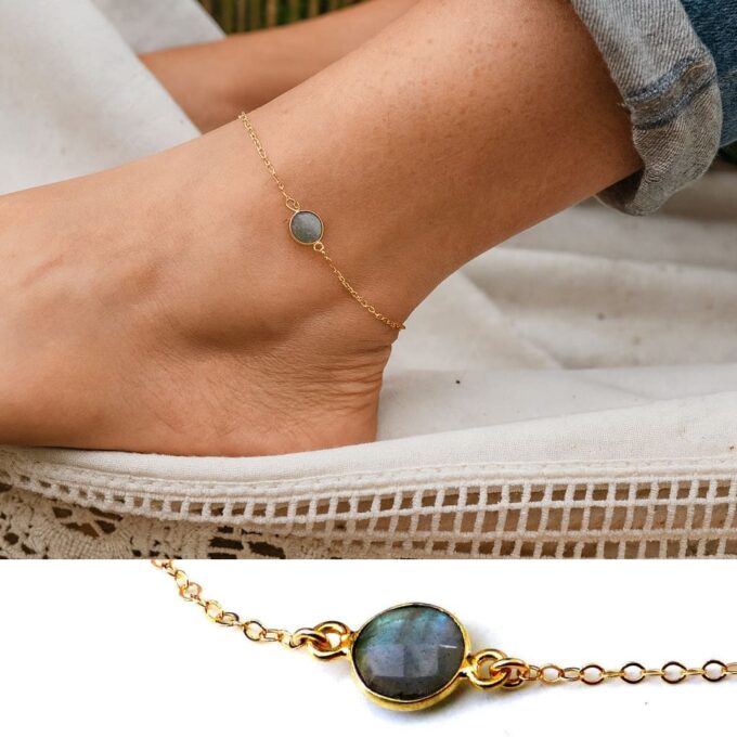 N5924d Bijou Labradorite Grise pour les chevilles - Chaîne de cheville Plaqué Or - Bijoux de pieds dorés en ligne Ninanina