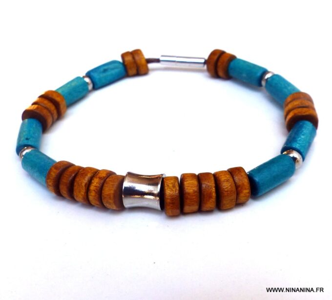 N5928 Bracelet homme perles bois turquoise acier - Bijoux Bracelets en ligne Ninanina