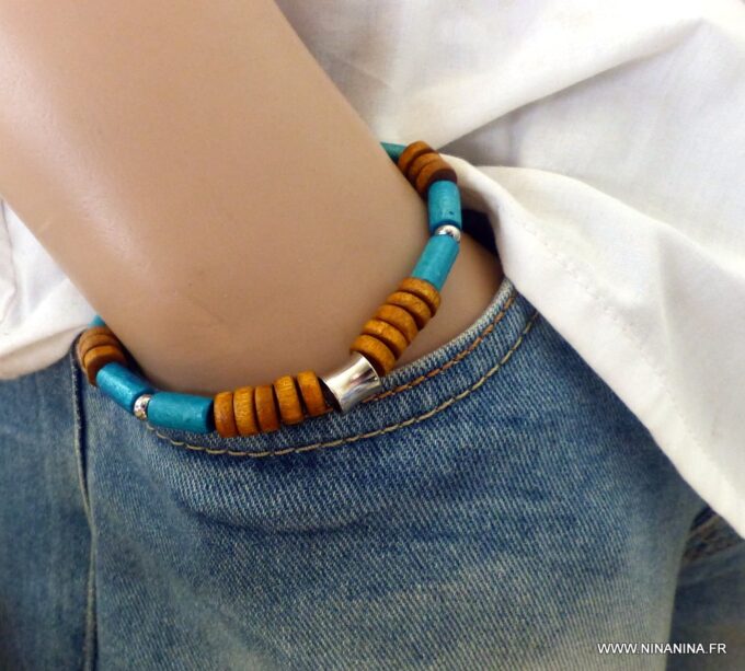 N5928a Bracelet homme perles bois turquoise acier - Bijoux Bracelets en ligne Ninanina