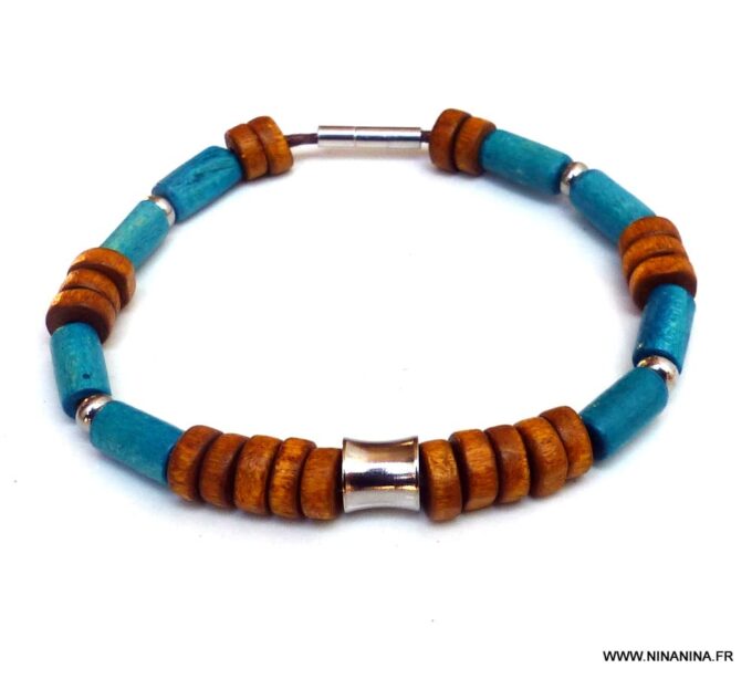 N5928b Bracelet homme perles bois turquoise acier - Bijoux Bracelets en ligne Ninanina