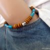 N5928c Bracelet homme perles bois turquoise acier - Bijoux Bracelets en ligne Ninanina
