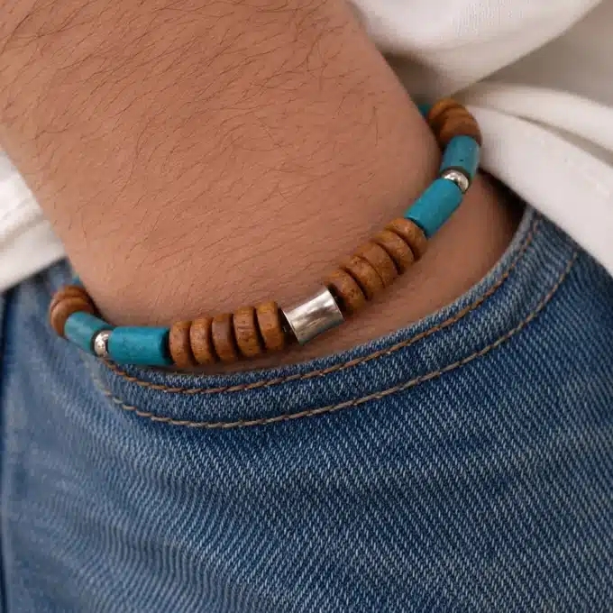 N5928e Bracelet homme perles bois turquoise acier – Bijoux Bracelets en ligne Ninanina