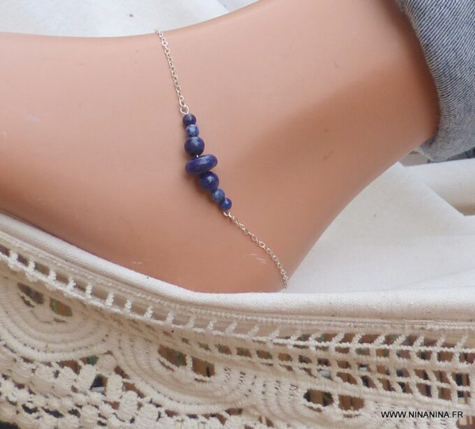 N5929 Chaîne de cheville lapis lazuli argent 925 massif - Bijoux Chaines en ligne Ninanina