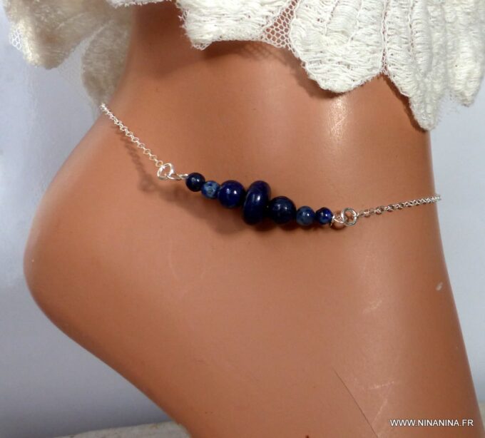 N5929a - Chaine de cheville argent 925 massif Et pierre Lapis Lazuli - Bijoux Chaines en ligne Ninanina