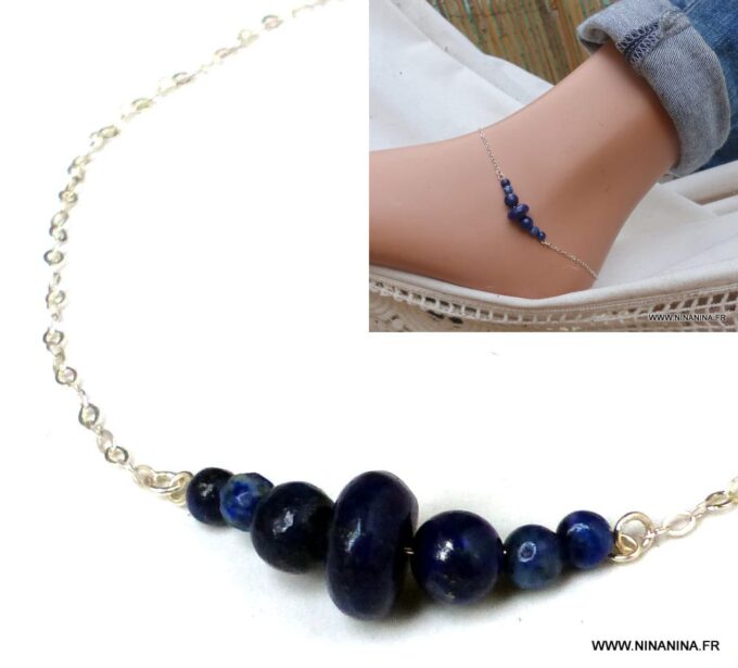 N5929a Chaîne de cheville lapis lazuli argent 925 massif - Bijoux Chaines en ligne Ninanina