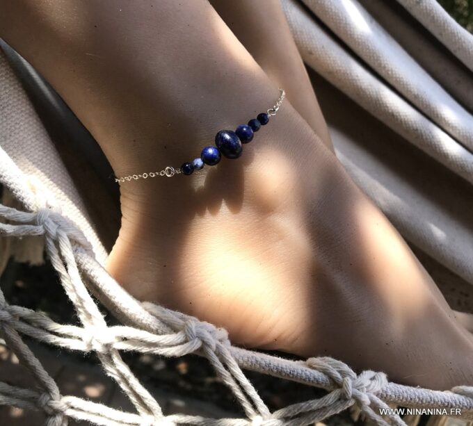 N5930d Chaine de cheville bleu marine pierre Lapis Lazuli femme argent ou plaqué or - Bijoux de pied en ligne Ninanina