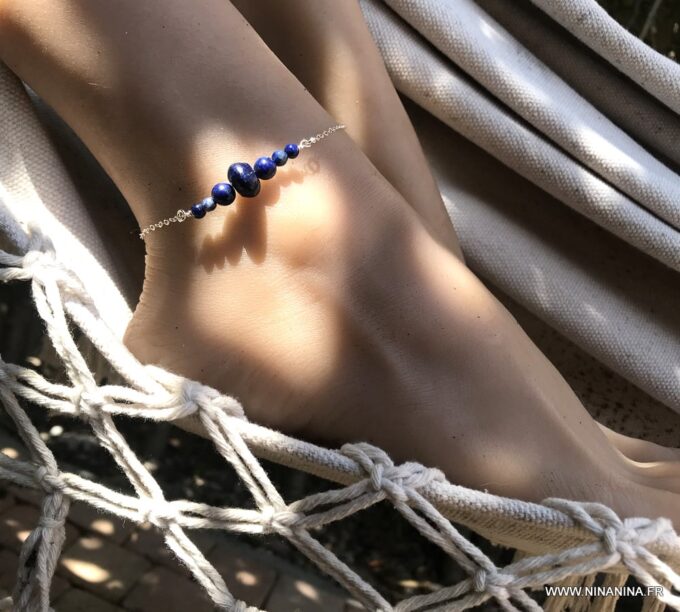 N5930e Chaine de cheville bleu marine pierre Lapis Lazuli femme argent ou plaqué or - Bijoux de pied en ligne Ninanina