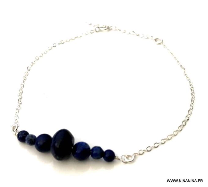 N5930f Chaine de cheville bleu marine pierre Lapis Lazuli femme argent ou plaqué or - Bijoux de pied en ligne Ninanina