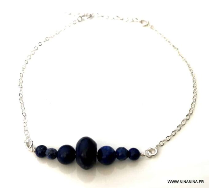 N5930g Chaine de cheville bleu marine pierre Lapis Lazuli femme argent ou plaqué or - Bijoux de pied en ligne Ninanina