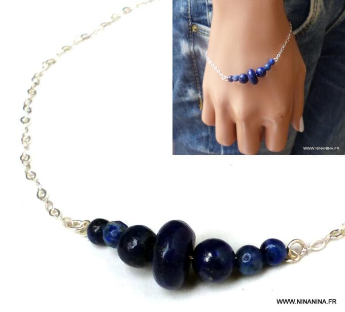N5932 Bracelet Chaîne lapis lazuli argent 925 massif - Bijoux Bracelets en ligne Ninanina