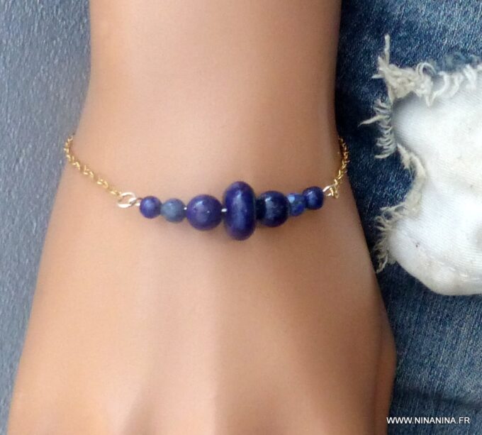 N5933a Bracelet Chaine Lapis Lazuli plaqué or 14 carats - Bijoux Bracelets en ligne Ninanina