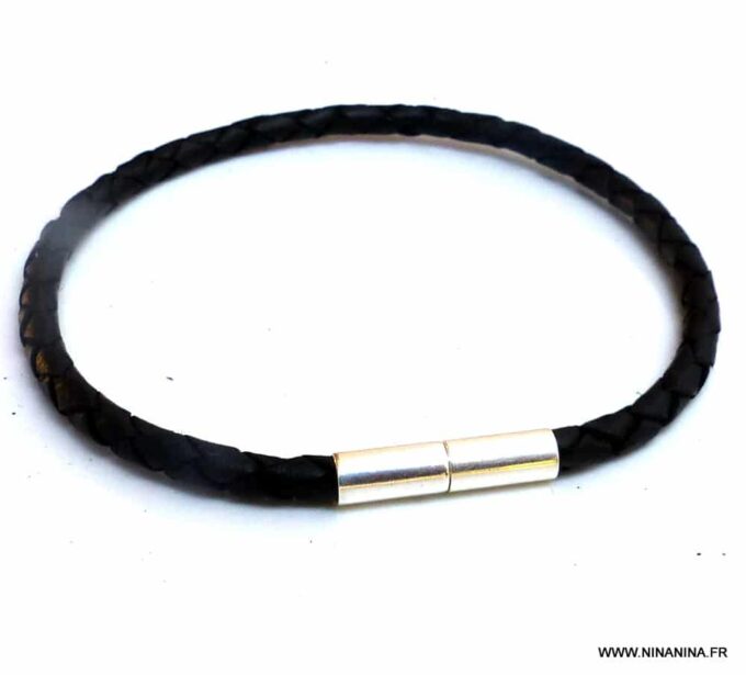 N5935 Bracelet cordon cuir tressé noir fermoir cyindrique aimanté argent 925 massif - Bijoux Bracelets en ligne Ninanina