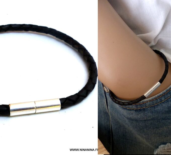 N5935b Bracelet cordon cuir tressé noir fermoir cyindrique aimanté argent 925 massif - Bijoux Bracelets en ligne Ninanina