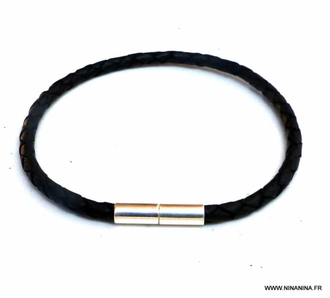 N5935c Bracelet cordon cuir tressé noir fermoir cyindrique aimanté argent 925 massif - Bijoux Bracelets en ligne Ninanina