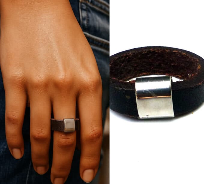 N5936b Bague Femme Artisanale En Cuir et Perle Rectangle Coulissante En Acier Inoxydable Argenté - Bijoux bagues en ligne Ninanina