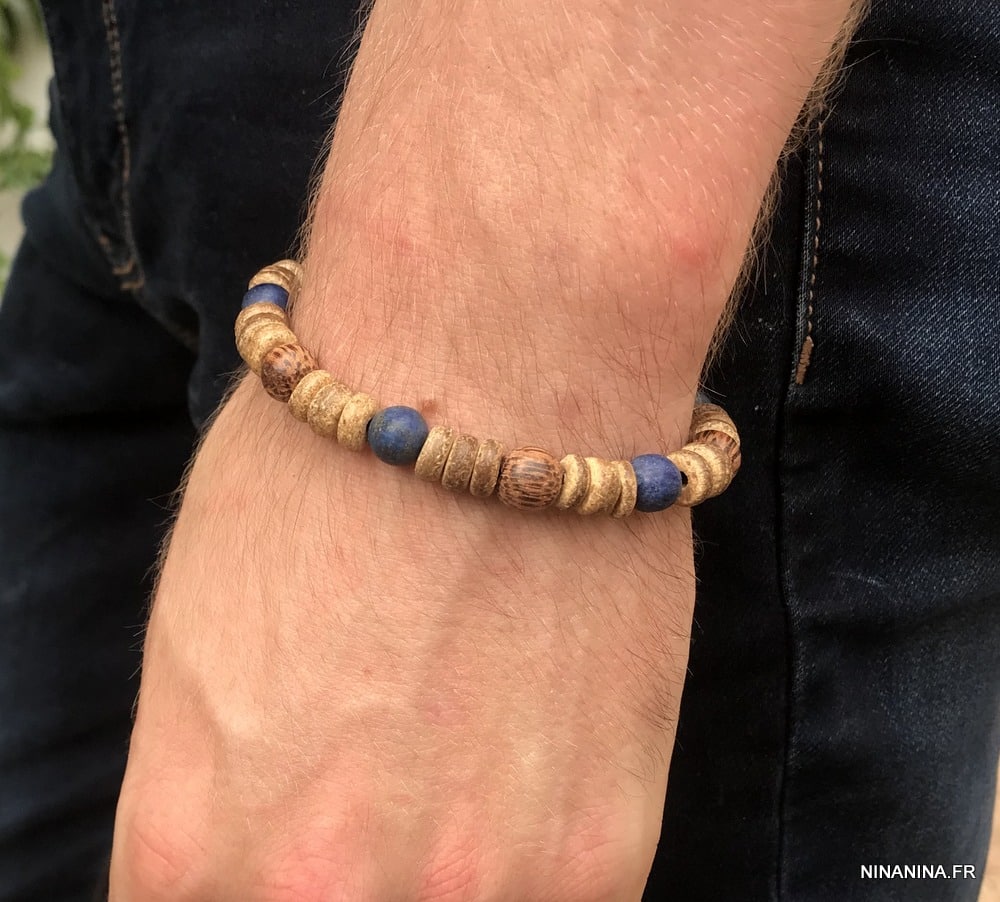 Bracelet lapis lazuli pour homme perles bois coco - Ninanina