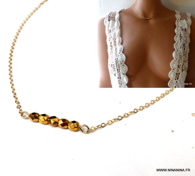 N5947a Collier ras de cou Chaine perles à facettes infini plaqué or - Bijoux Chaines en ligne Ninanina