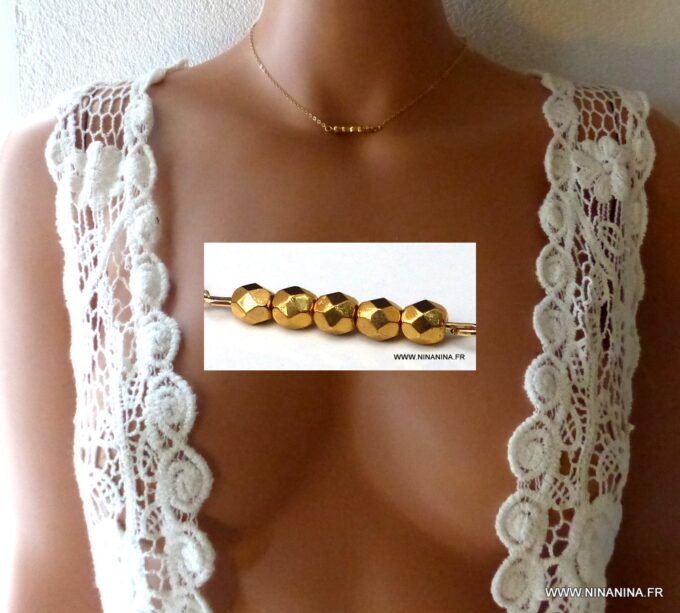 N5947b Collier ras de cou Chaine perles à facettes infini plaqué or - Bijoux Chaines en ligne Ninanina