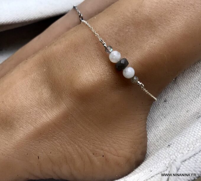 N5950 Chaine pour cheville Argent Pierre de lune et Labradorite - Bijoux de pied en ligne Ninanina