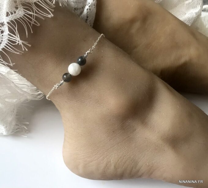 N5950 Chaine pour cheville Argent Pierre de lune et Labradorite - Bijoux de pieds en ligne Ninanina