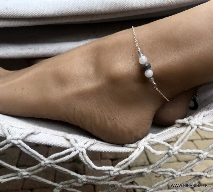 N5950a Chaine pour cheville Argent Pierre de lune et Labradorite - Bijoux de pied en ligne Ninanina