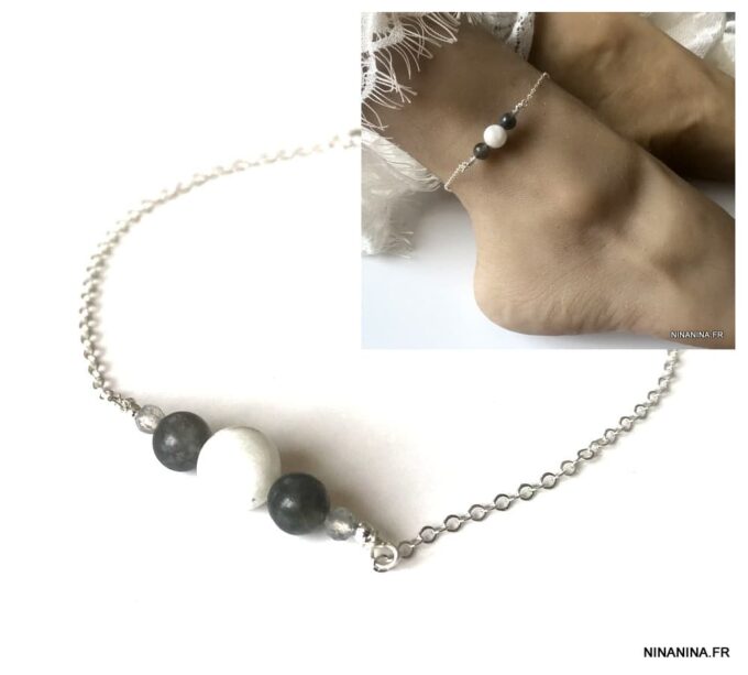 N5950a Chaine pour cheville Argent Pierre de lune et Labradorite - Bijoux de pieds en ligne Ninanina