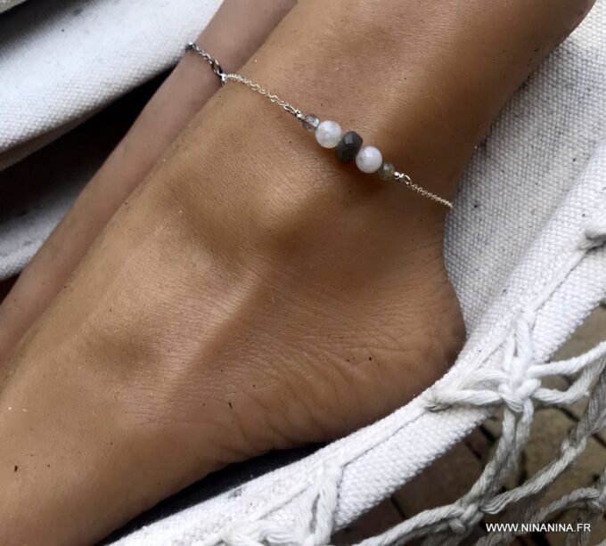 N5950b Chaine pour cheville Argent Pierre de lune et Labradorite - Bijoux de pied en ligne Ninanina