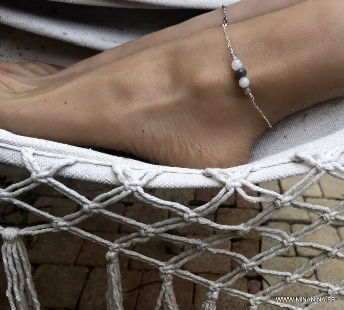 N5950c Chaine pour cheville Argent Pierre de lune et Labradorite - Bijoux de pied en ligne Ninanina