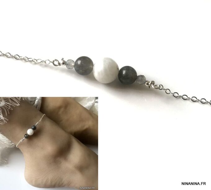 N5950c Chaine pour cheville Argent Pierre de lune et Labradorite - Bijoux de pieds en ligne Ninanina