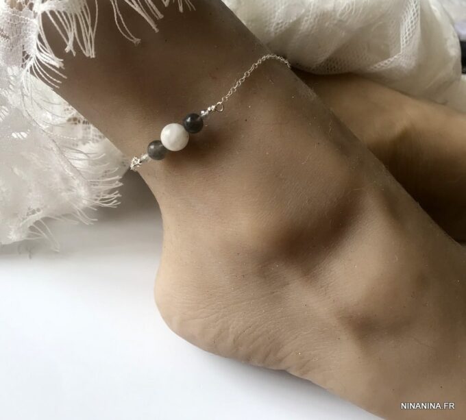 N5950d Chaine pour cheville Argent Pierre de lune et Labradorite - Bijoux de pieds en ligne Ninanina