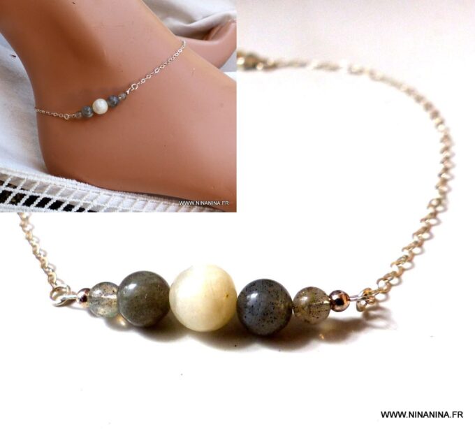 N5950f Chaine de cheville pierre de lune et labradorite argent massif - Bijoux Chaines en ligne Ninanina